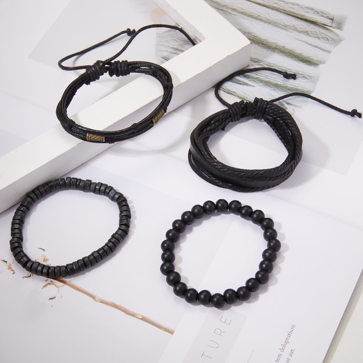 Men's Wooden Beaded Braided Leather Bracelet Set