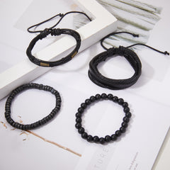 Men's Wooden Beaded Braided Leather Bracelet Set