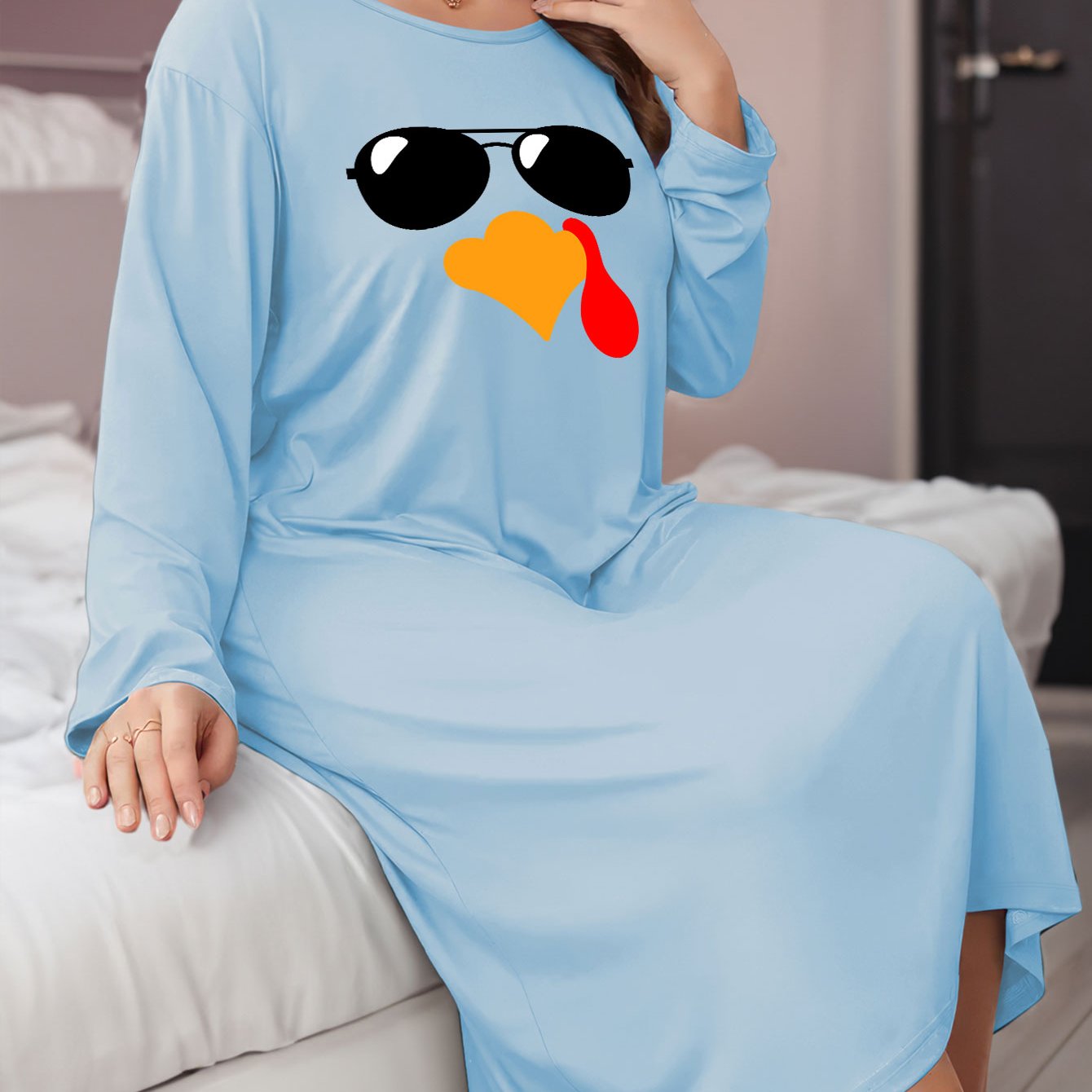  Turkey Print Long Sleeve Nightdress