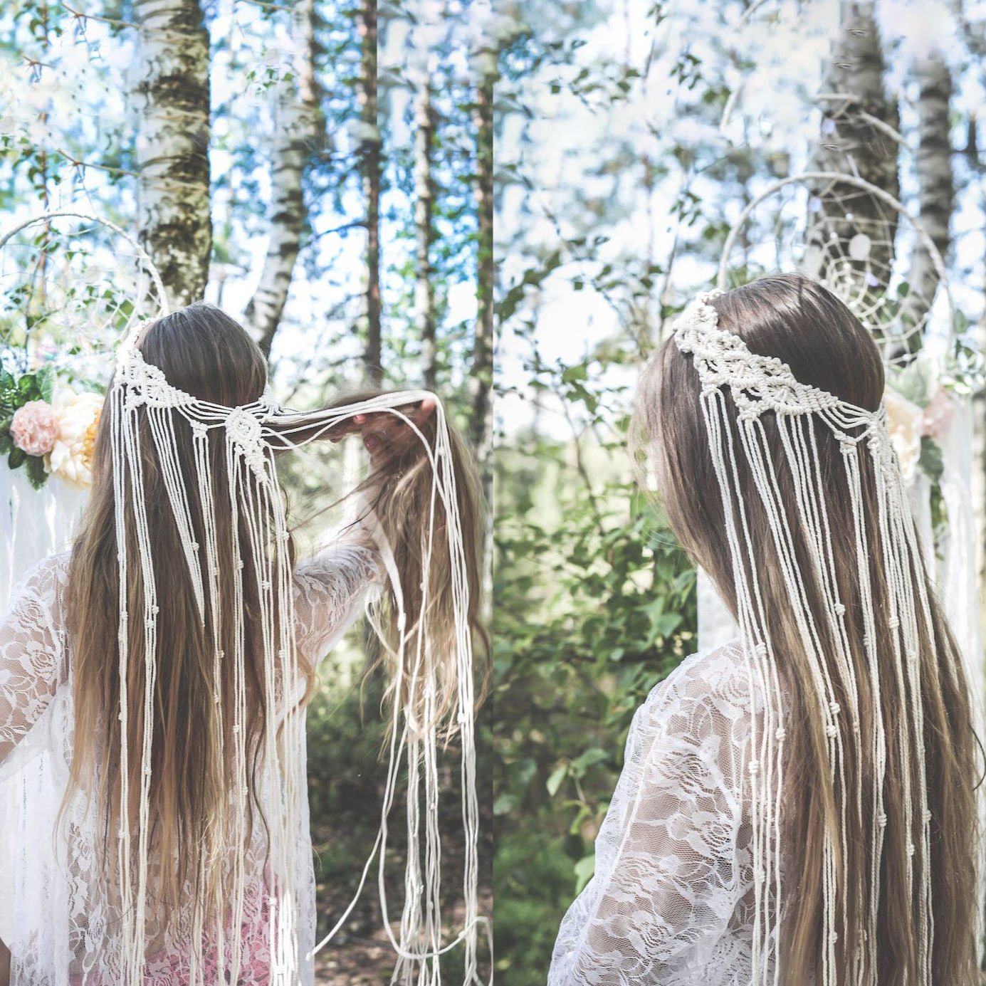 Boho Wedding Headband Beige Brown Bridal Veil Hairband for Women