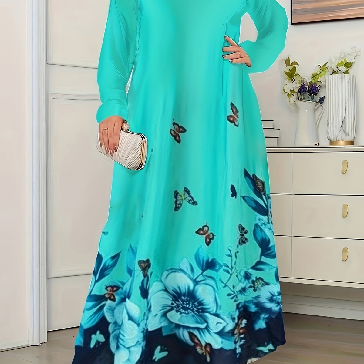  Boho Dress Women's Plus Butterfly & Floral Print Maxi Dress