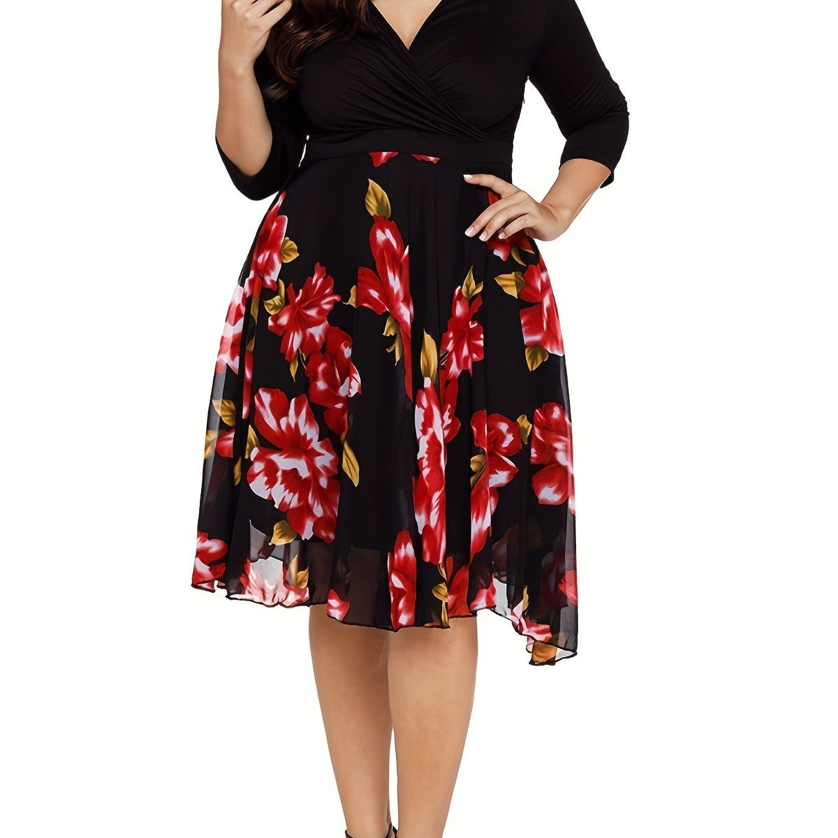  Casual Dress Women's Plus Contrast Mesh Floral Print Half Sleeve Surpl