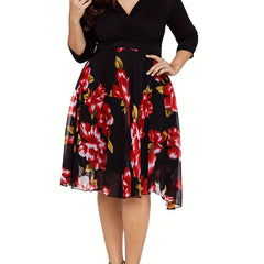  Casual Dress Women's Plus Contrast Mesh Floral Print Half Sleeve Surpl