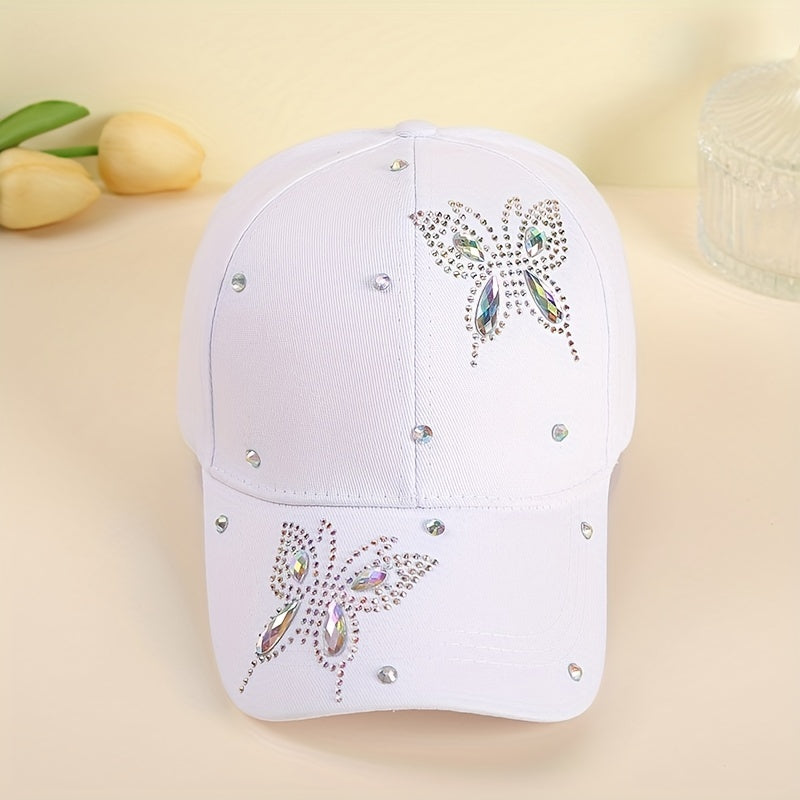 Double Butterfly Rhinestone Baseball Cap Casual Dad Hat