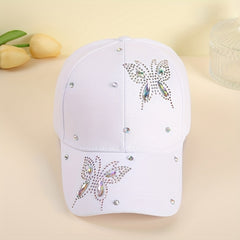 Double Butterfly Rhinestone Baseball Cap Casual Dad Hat