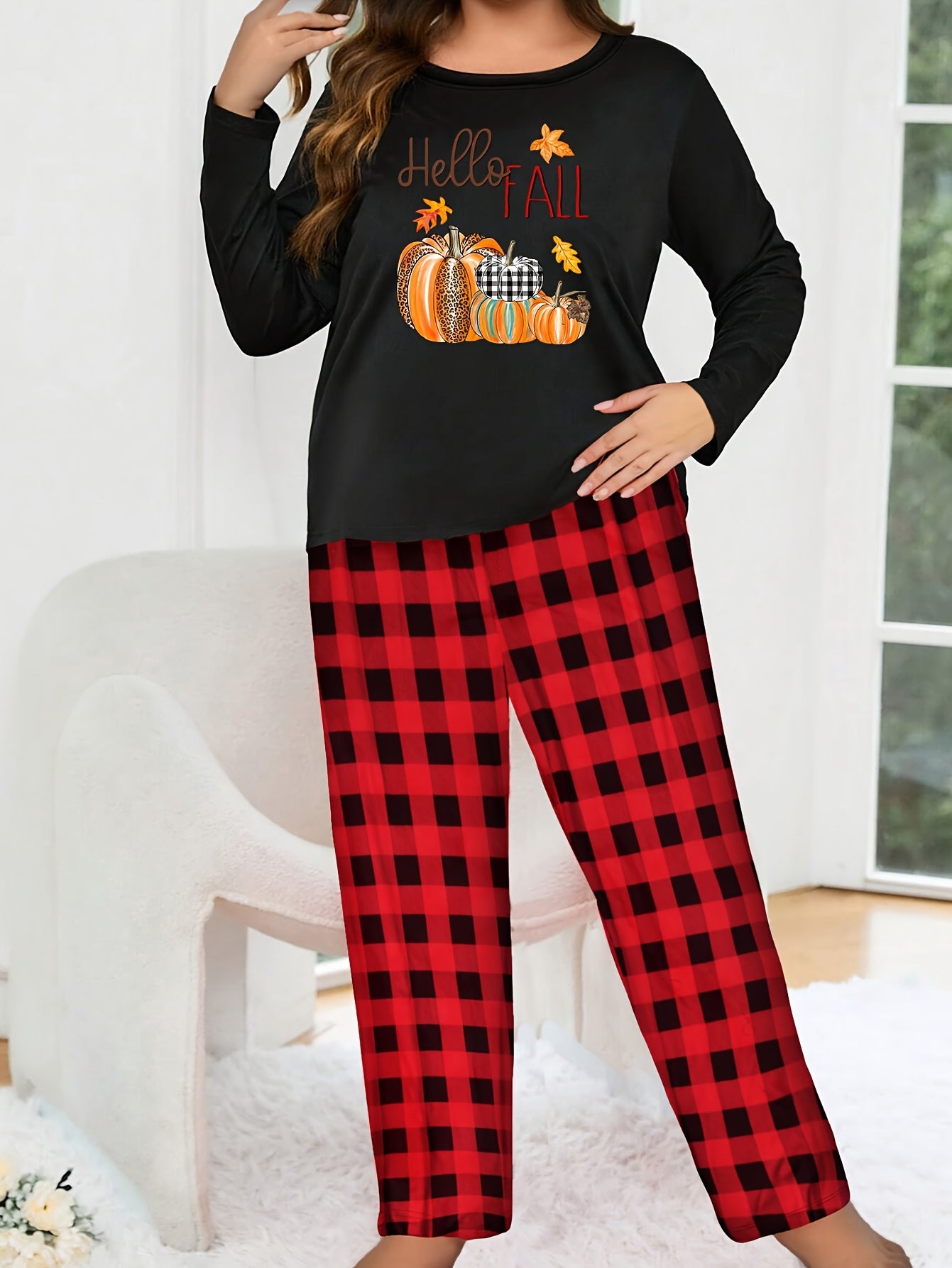  Pumpkin & Maple Leaf Print Pajama Set Long Sleeve Tee & Plaid Pants