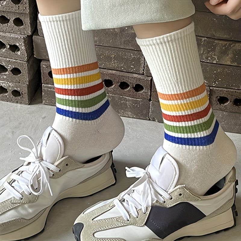 5 Pairs Rainbow Striped Socks Comfy & Mid Tube Women's Stockings Hosiery