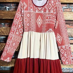  Boho Dress Colorblock Geometric Print Long Sleeve Smock Dress