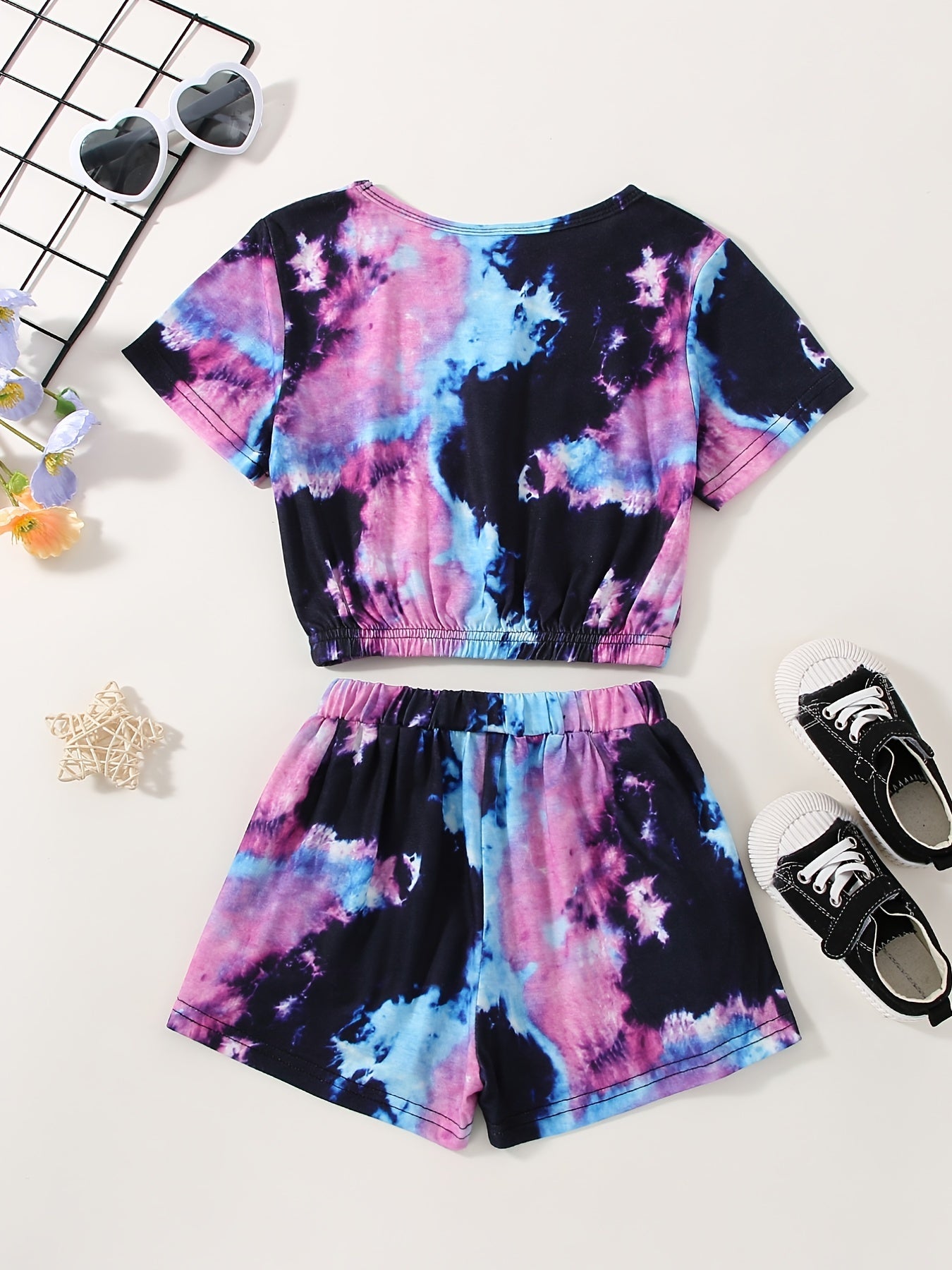 2pcs Toddler Girls Tie Dye Bow T Shirts & Shorts Set Kids Summer Clothes
