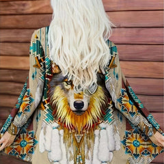 Wolf Print Open Front Cardigan Long Sleeve Outwear