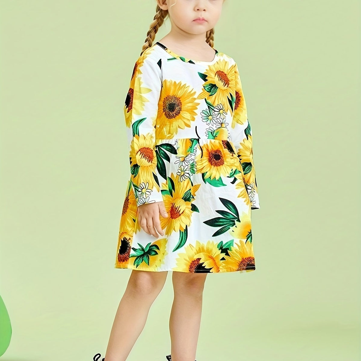 Girl's Sunflower Lemon Princess Dress Long Sleeve Baby Print Dress