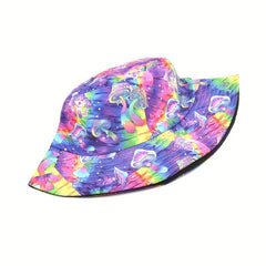 Y2K Rainbow Mushroom Bucket Hat Tie Dye Print Reversible Fisherman Cap