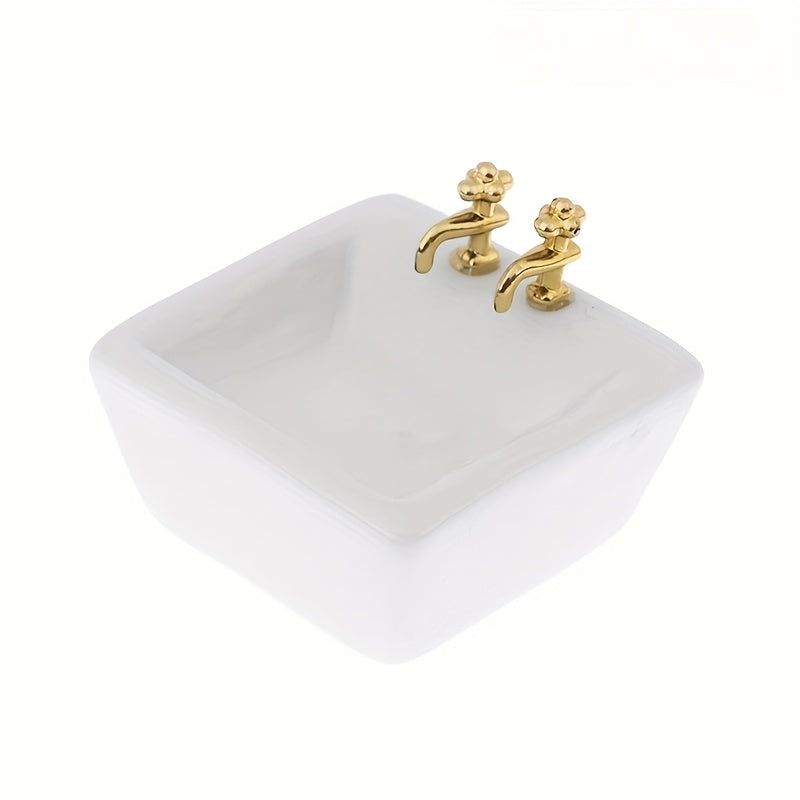 1pc Ceramic Mini Washbasin Sinks with Golden Faucets Dollhouse DIY Kit