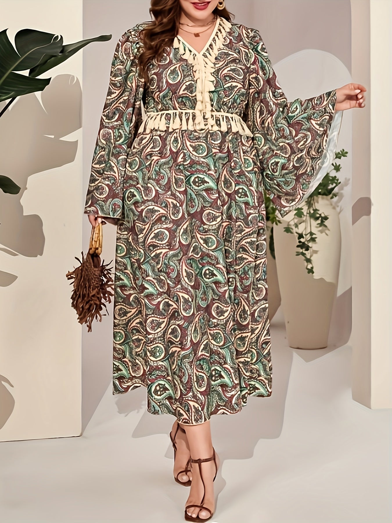  Abaya Dress Women's Plus Paisley Floral Print Tassel Bell Sleeve V Nec