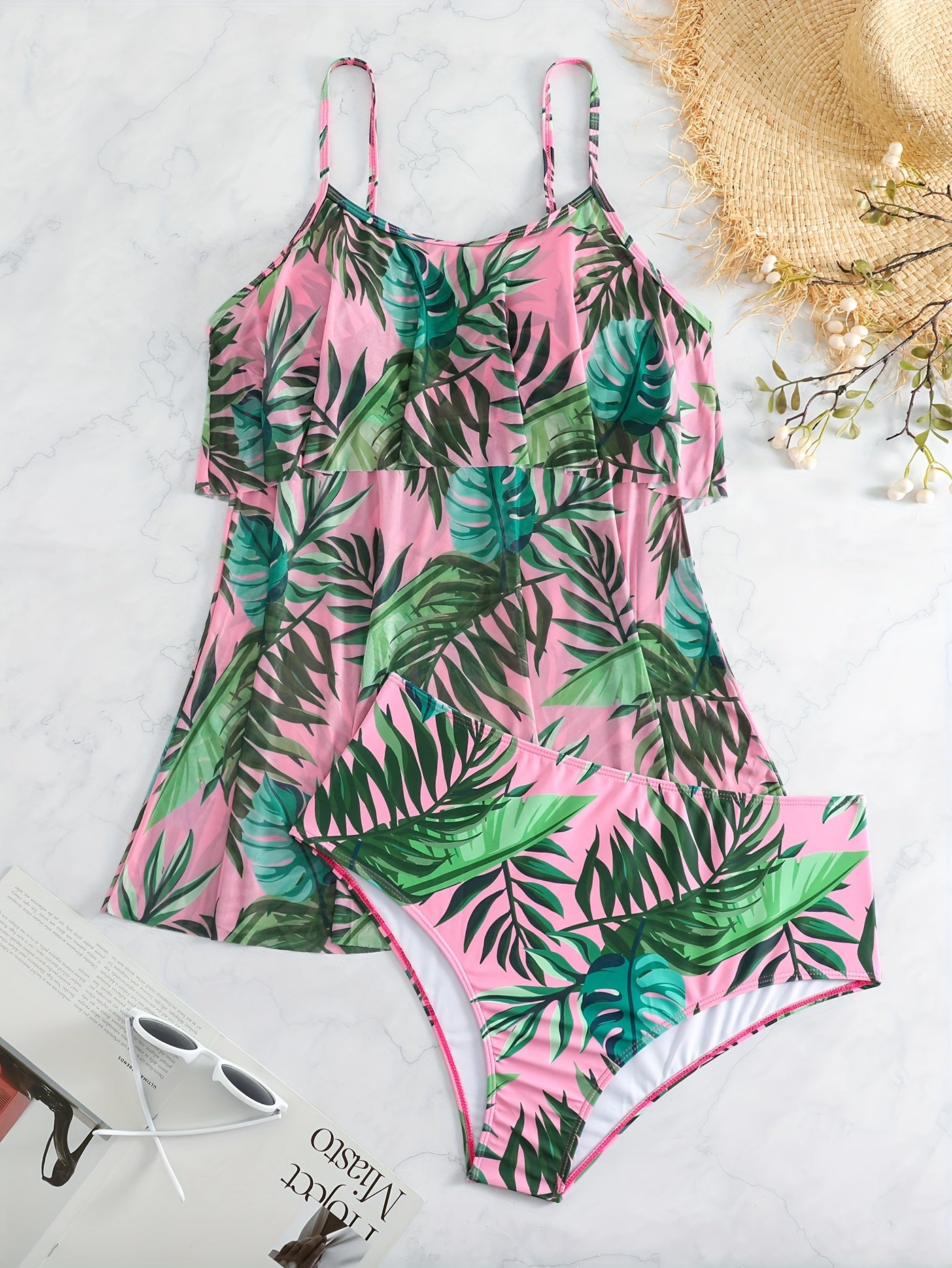  Boho Tankini Set Tropical Print Ruffle Trim Cami Top & Panty Swimsuit