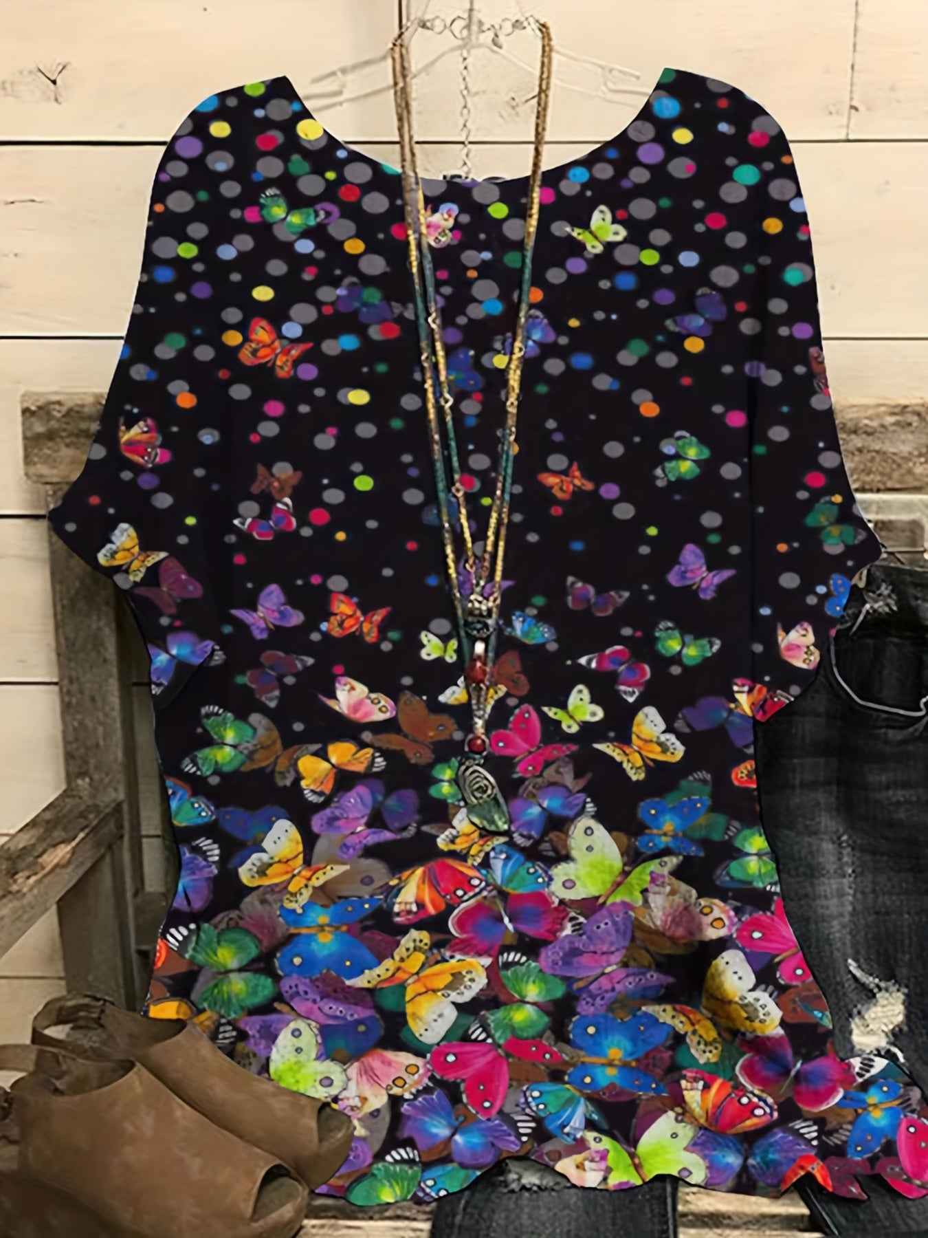  Colorful Butterfly & Dot Print Batwing Sleeve Round Neck Shirt Top