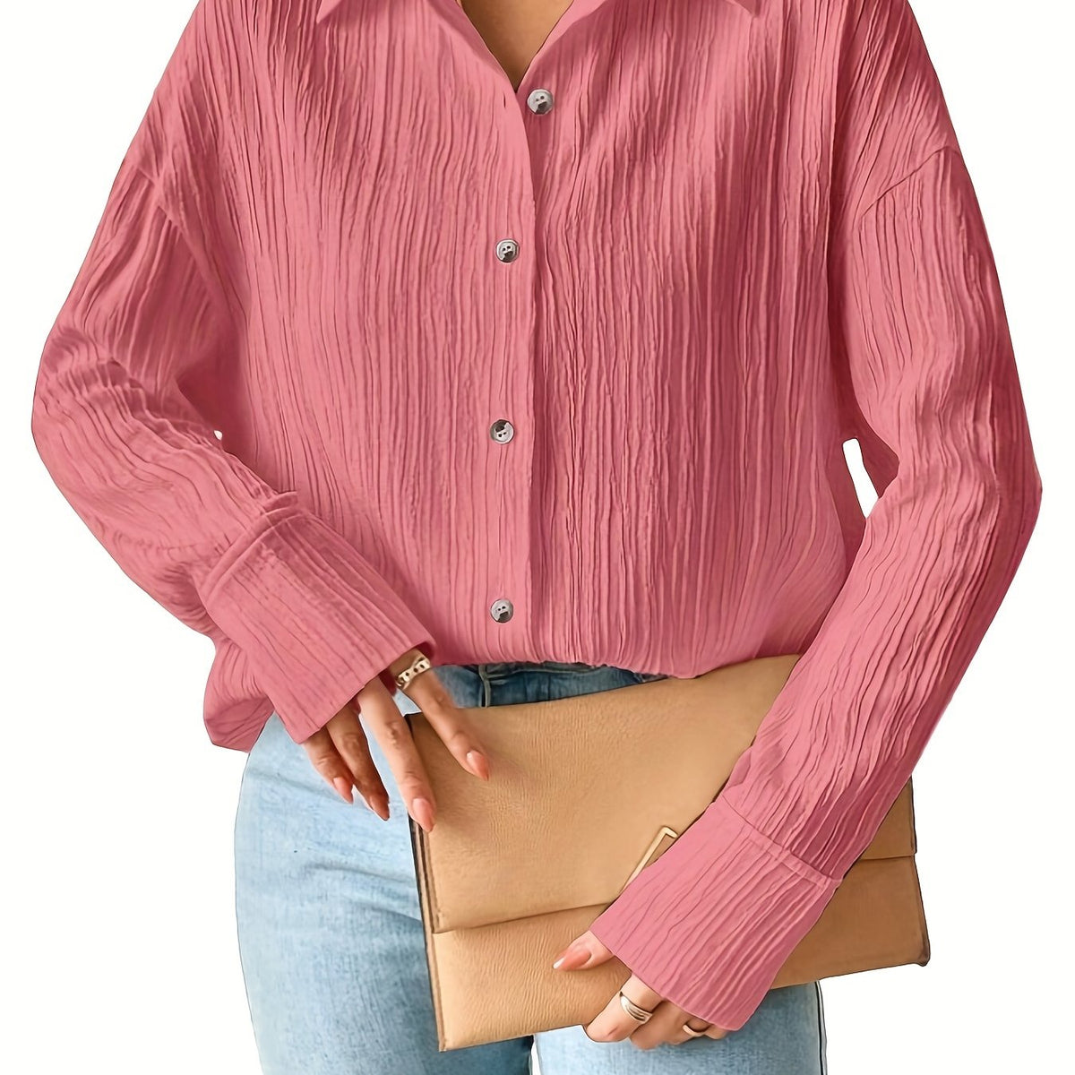  Crinkle Button Up Long Sleeve Blouse