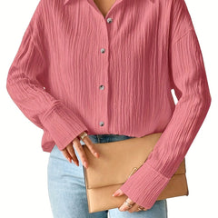  Crinkle Button Up Long Sleeve Blouse