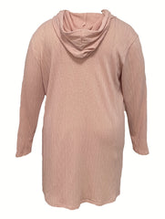  Solid Jacquard Long Sleeve Hooded Drawstring Mini Dress