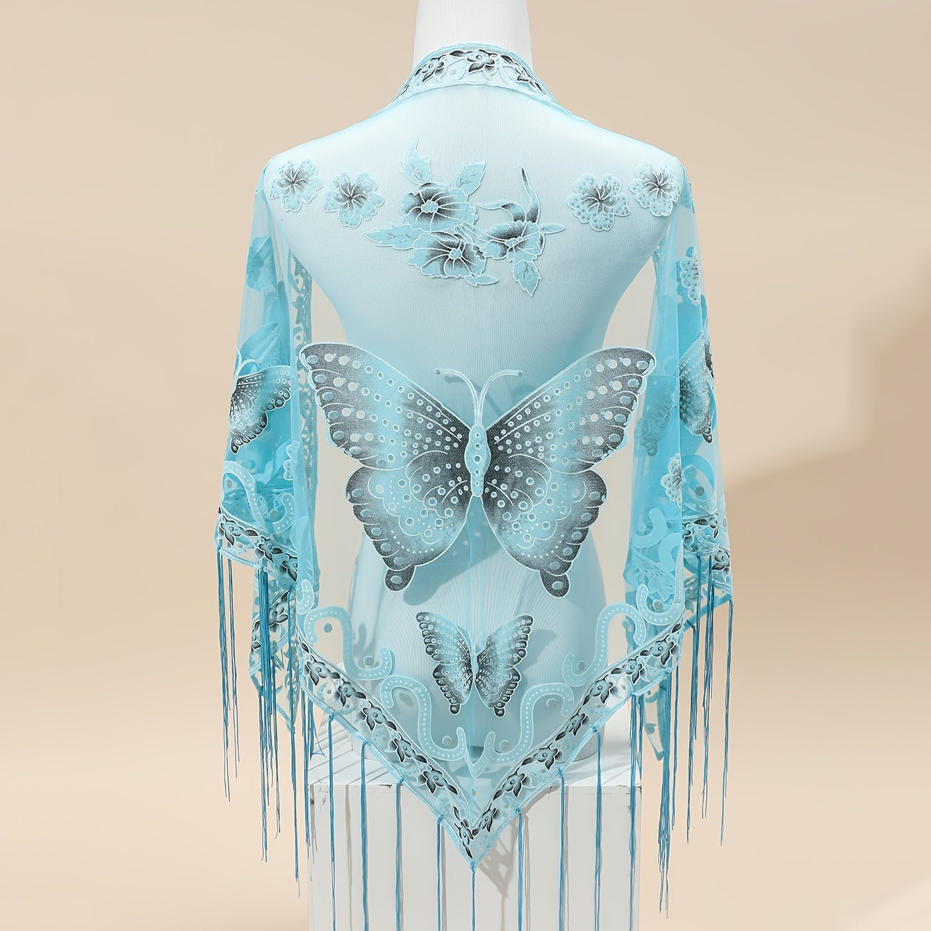 Triangle Scarf Butterfly Flower Embroidery Lace Tassel Shawl