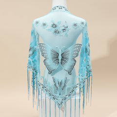 Triangle Scarf Butterfly Flower Embroidery Lace Tassel Shawl