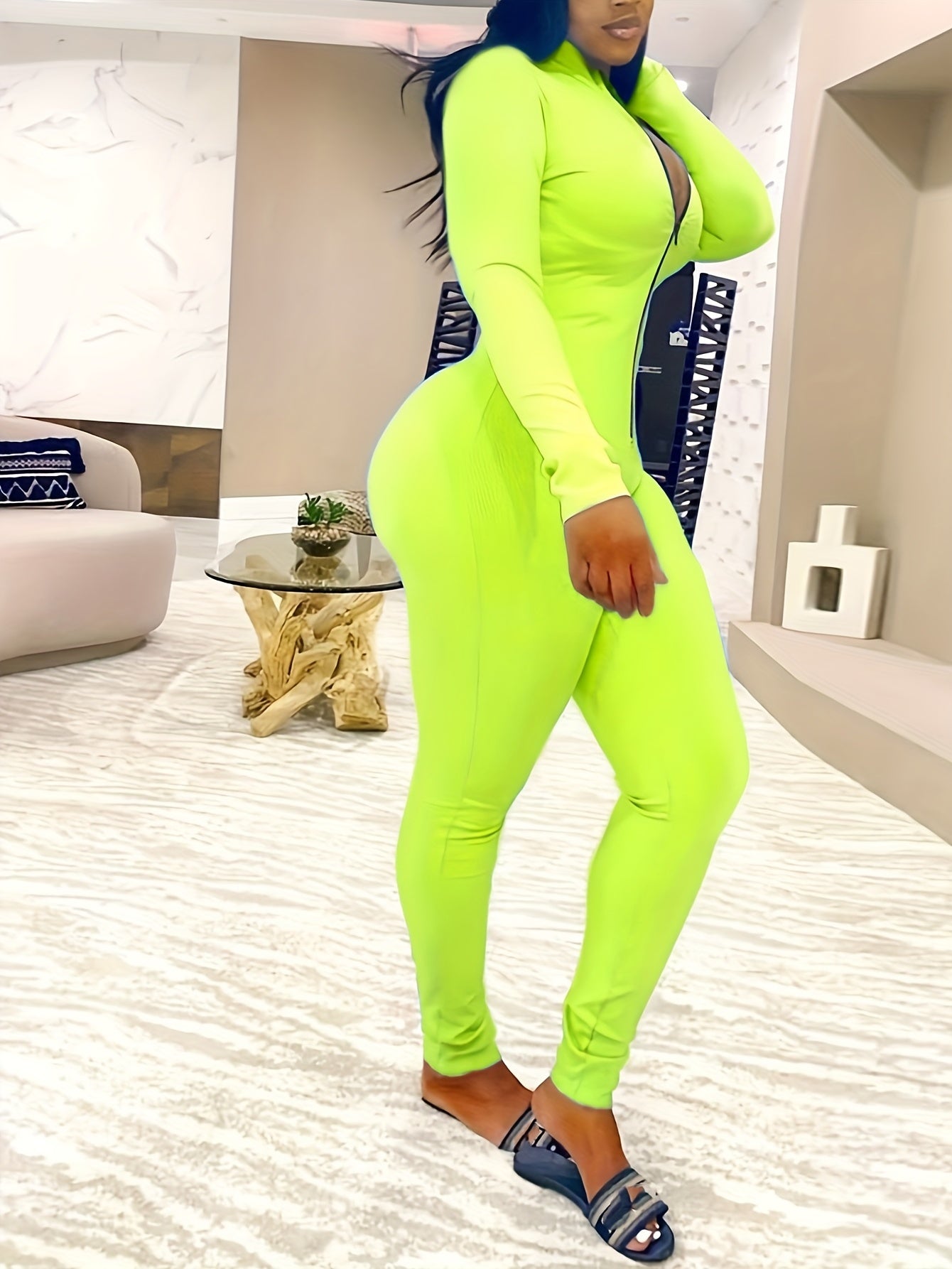 Sexy Bodycon Zip Up Jumpsuit Solid Long Sleeve Stretchy Jumpsuit
