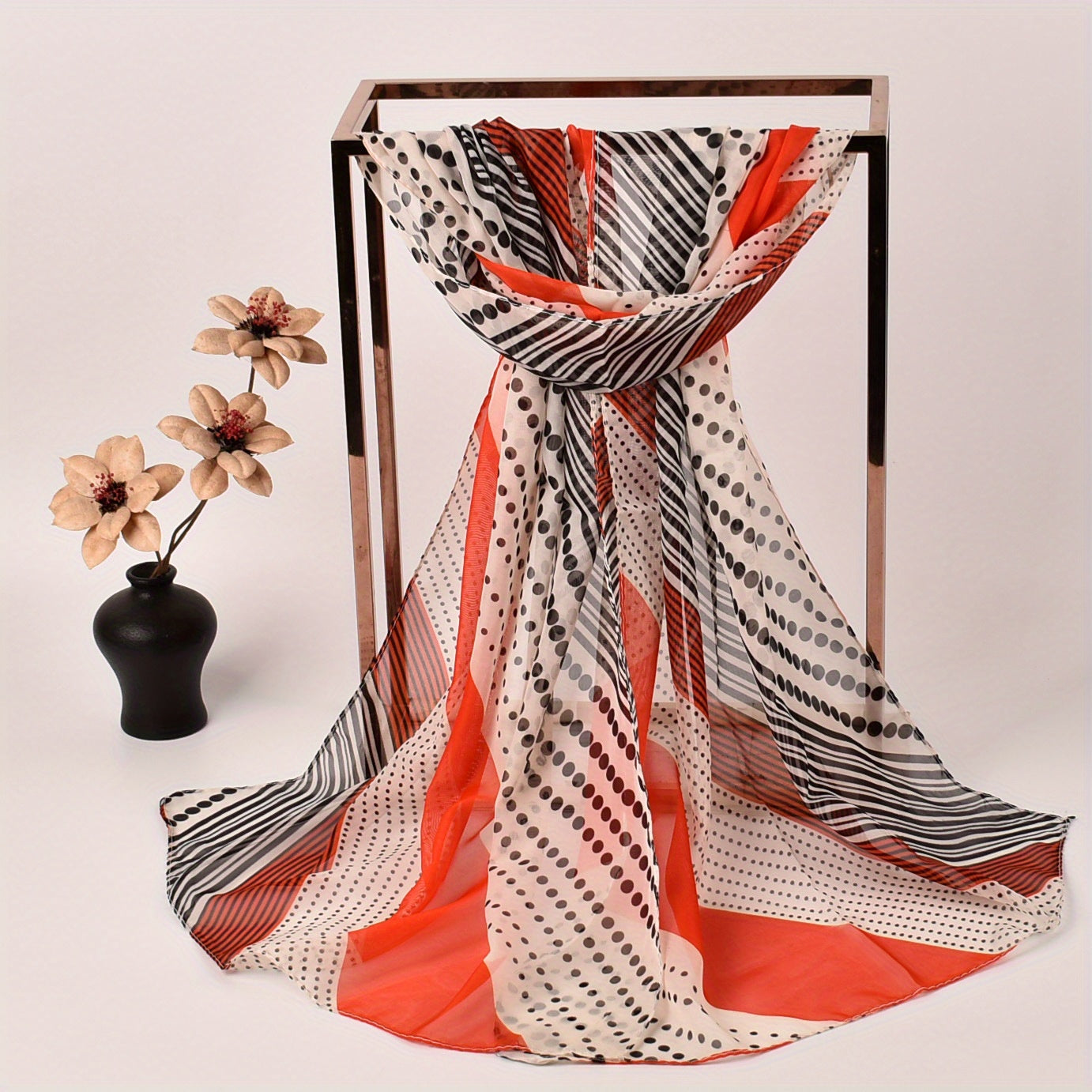 Thin Chiffon Scarf Polka Dot Stripe Print Block Shawl Casual Head Wrap