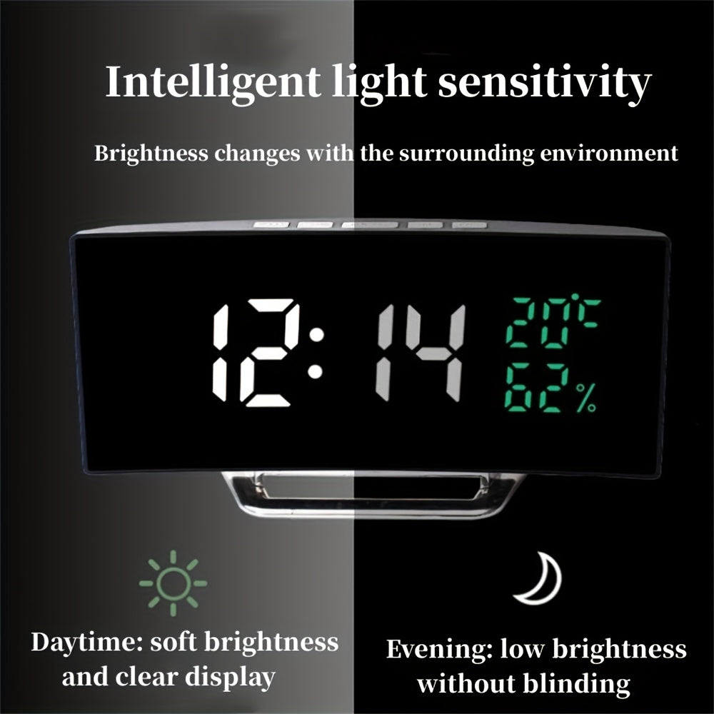 Curved Screen Digital Alarm Clock Temperature Humidity 3 Alarms Unlimited Snooze