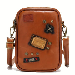 Men's Rivet Decor Leather Crossbody Bag Multifunctional Shoulder Bag