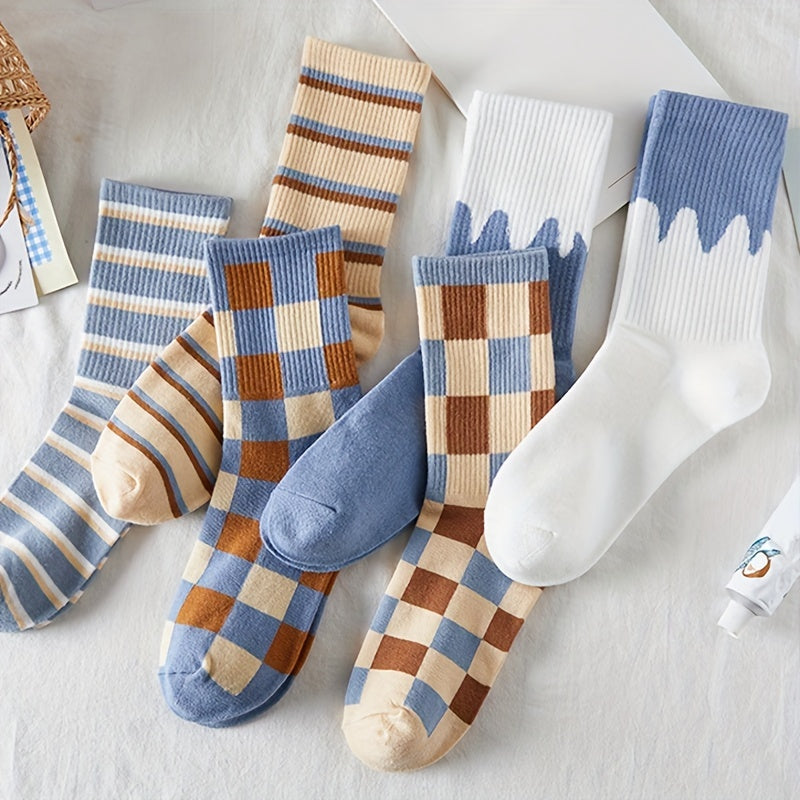 6 Pairs Striped & Plaid Crew Socks Comfy & Breathable Colorblock Socks