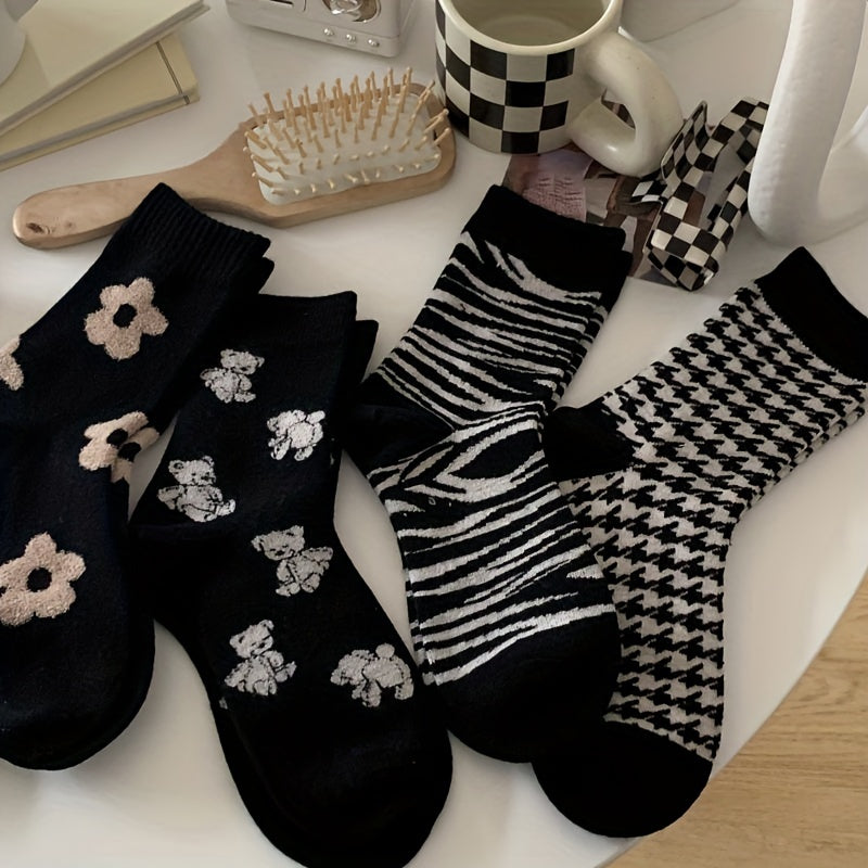 5 Pairs Bear & Floral Print Mid Tube Socks Women's Stockings