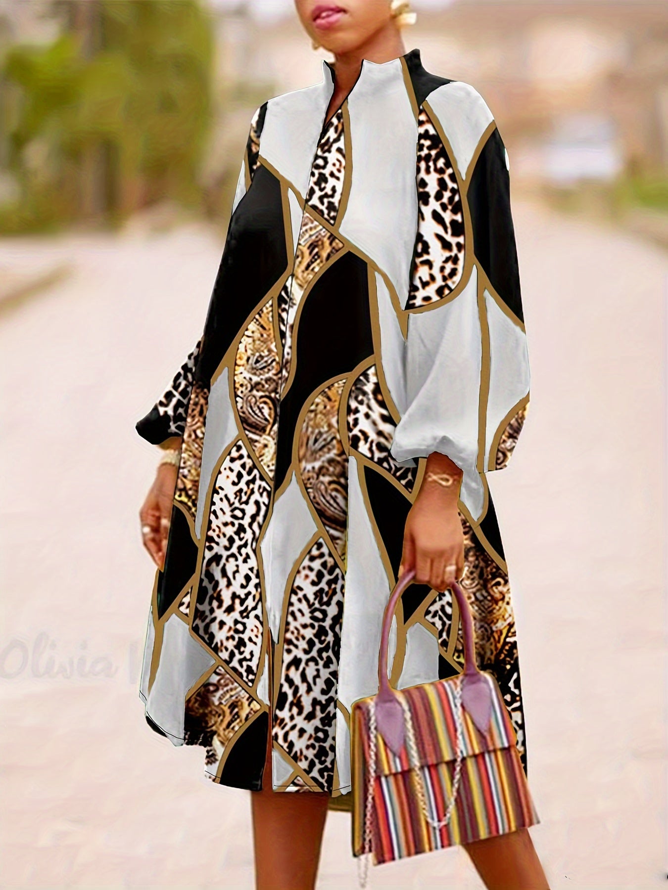  Colorblock Leopard Printed Dress
