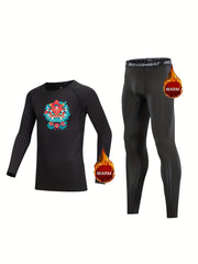 Kids Chinese Dragon Totem Print Fleece Lined Compression Base Set