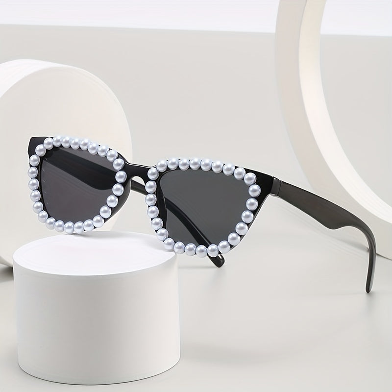 Y2K Faux Pearl Square Sunglasses Retro Anti Glare UV400