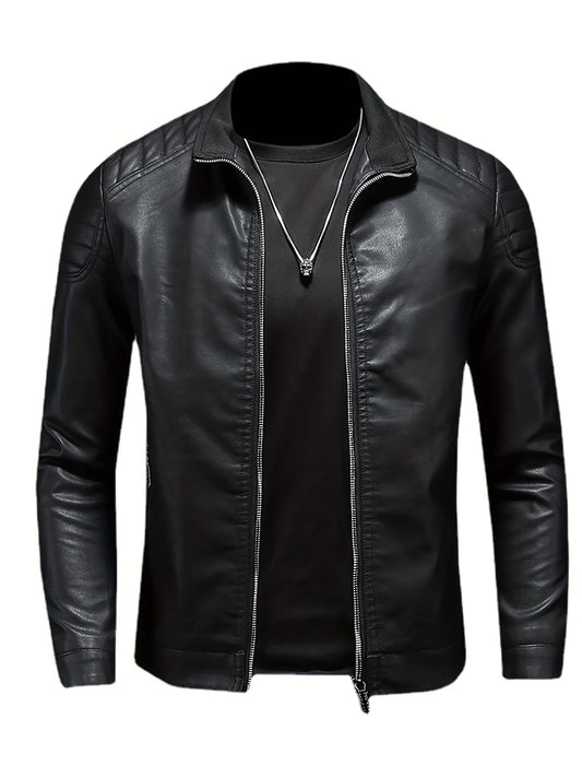 Men's Casual Faux Leather Biker Jacket Zip Up Stand Collar for Spring Fall