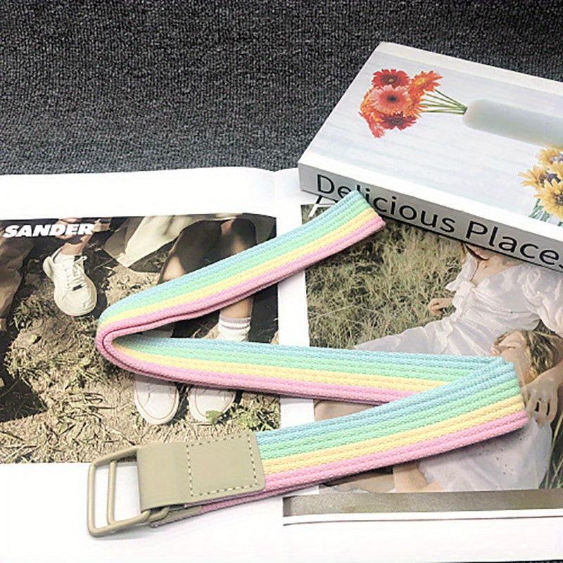 Colorful Striped Canvas Belt Double Loop Buckle Y2K Style