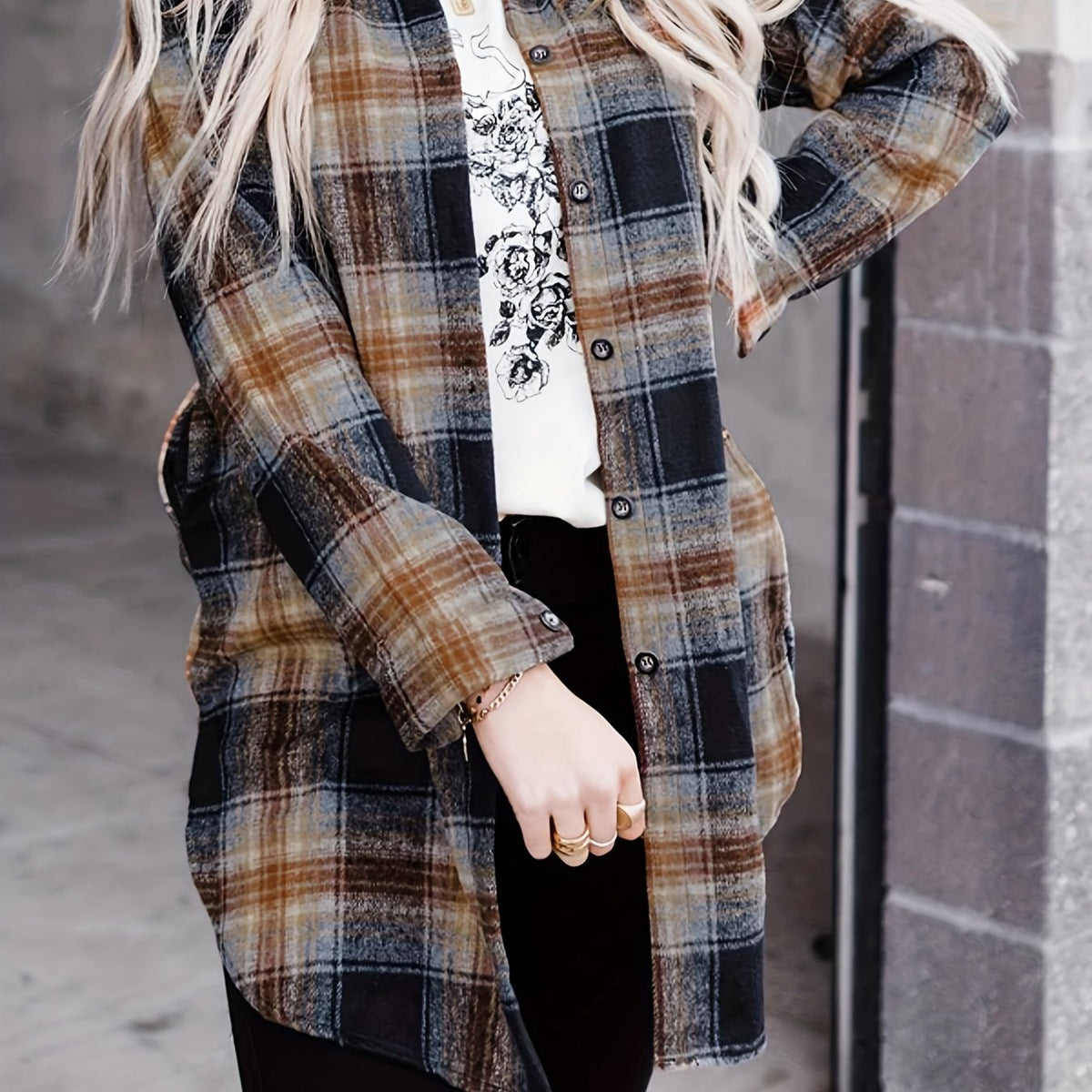  Plaid Print Long Sleeve Button Up Blouse