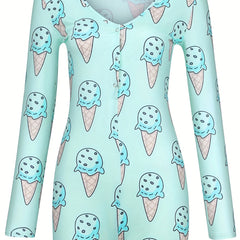 Ice Cream Print Romper Jumpsuit Long Sleeve Sexy Women's Clothing