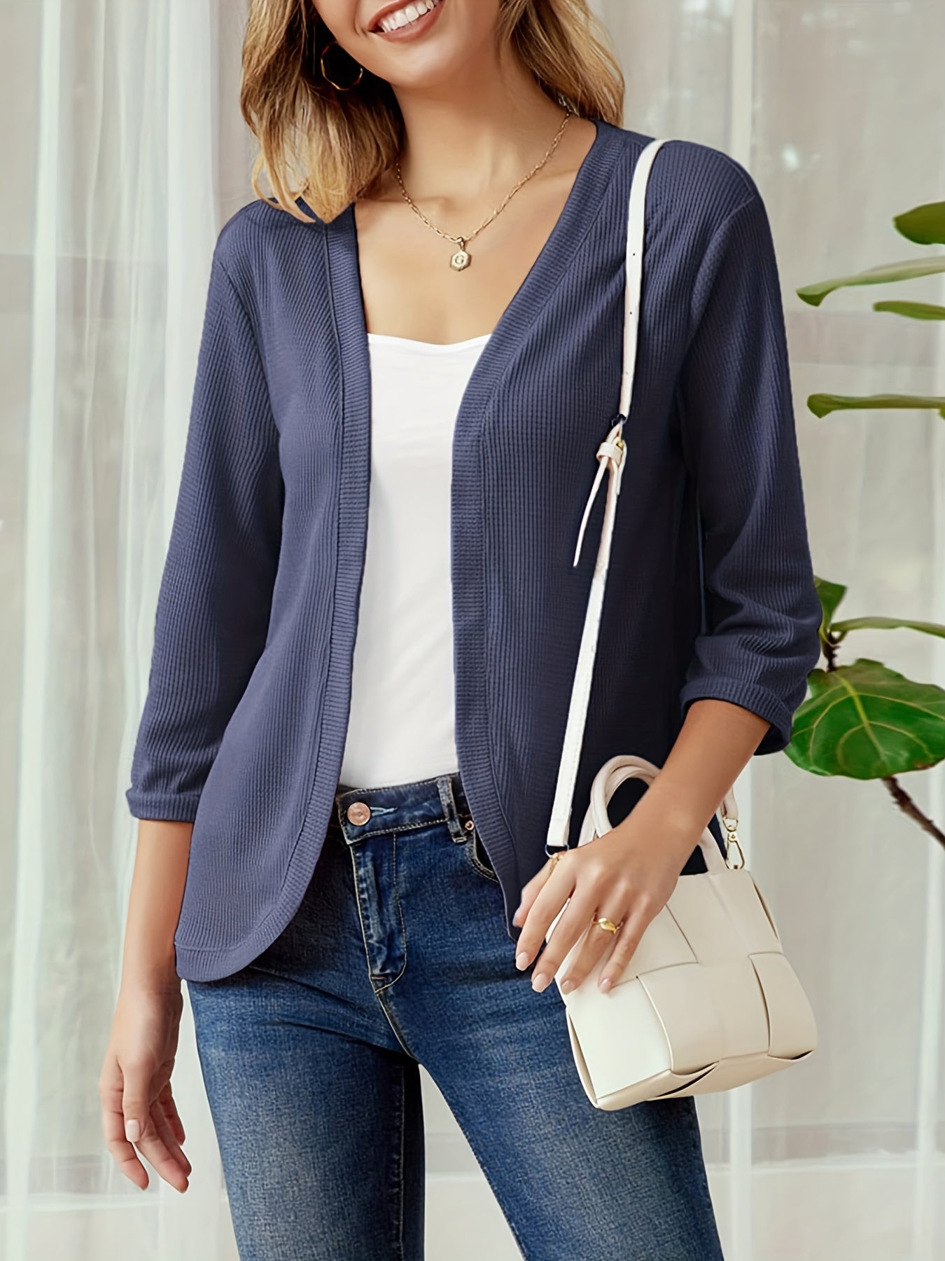  Solid Three Quarter Sleeve Open Front Waffle Knit Cropped Cardigan