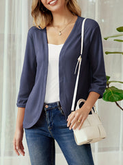  Solid Three Quarter Sleeve Open Front Waffle Knit Cropped Cardigan