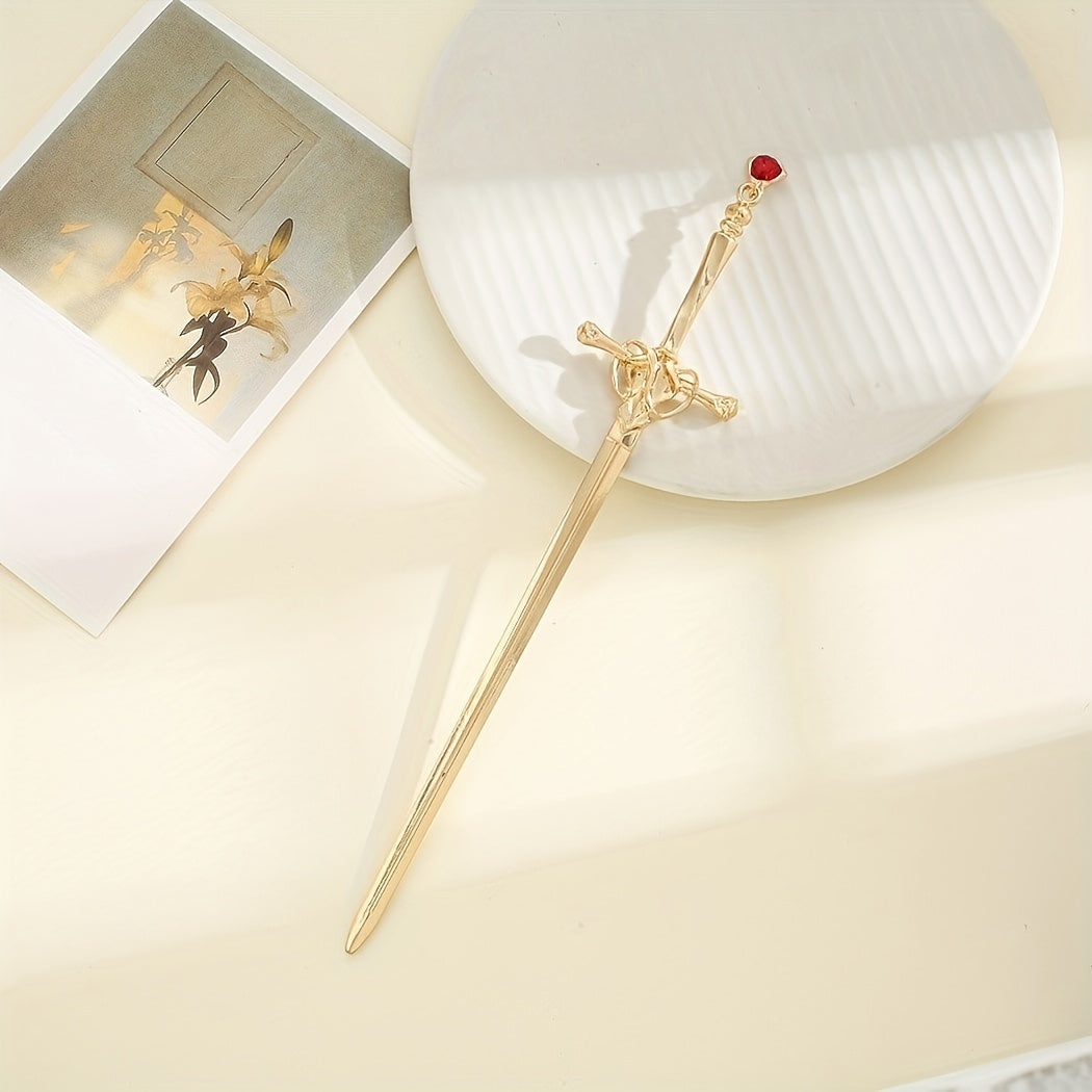 Ancient Style Sword Model Hairpin With Red Rhinestone