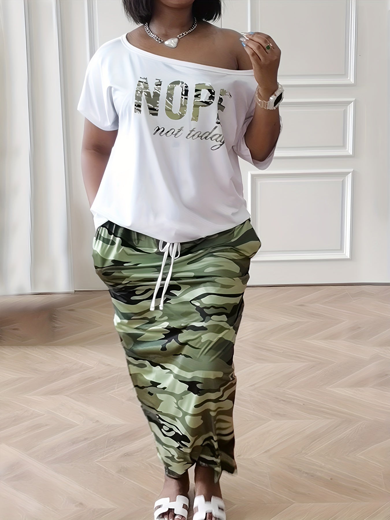  Casual 2 Piece Set Women's Plus Letter Print Top & Drawstring Skirt