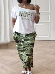  Casual 2 Piece Set Women's Plus Letter Print Top & Drawstring Skirt
