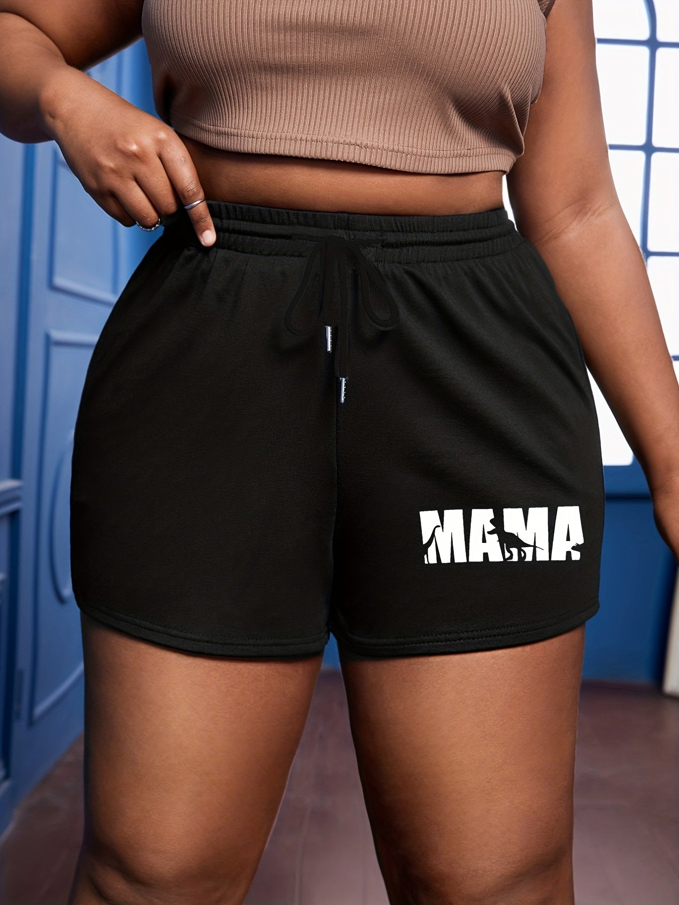 Women's Plus Letter & Dinosaur Print High Rise Drawstring Shorts