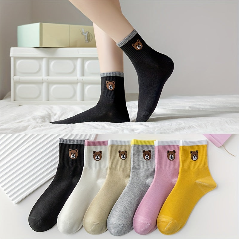 6 Pairs Bear Print Socks Comfy Mid Tube Women's Stockings
