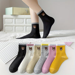 6 Pairs Bear Print Socks Comfy Mid Tube Women's Stockings