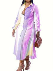  Colorblock Stripe Print Maxi Shirt Dress
