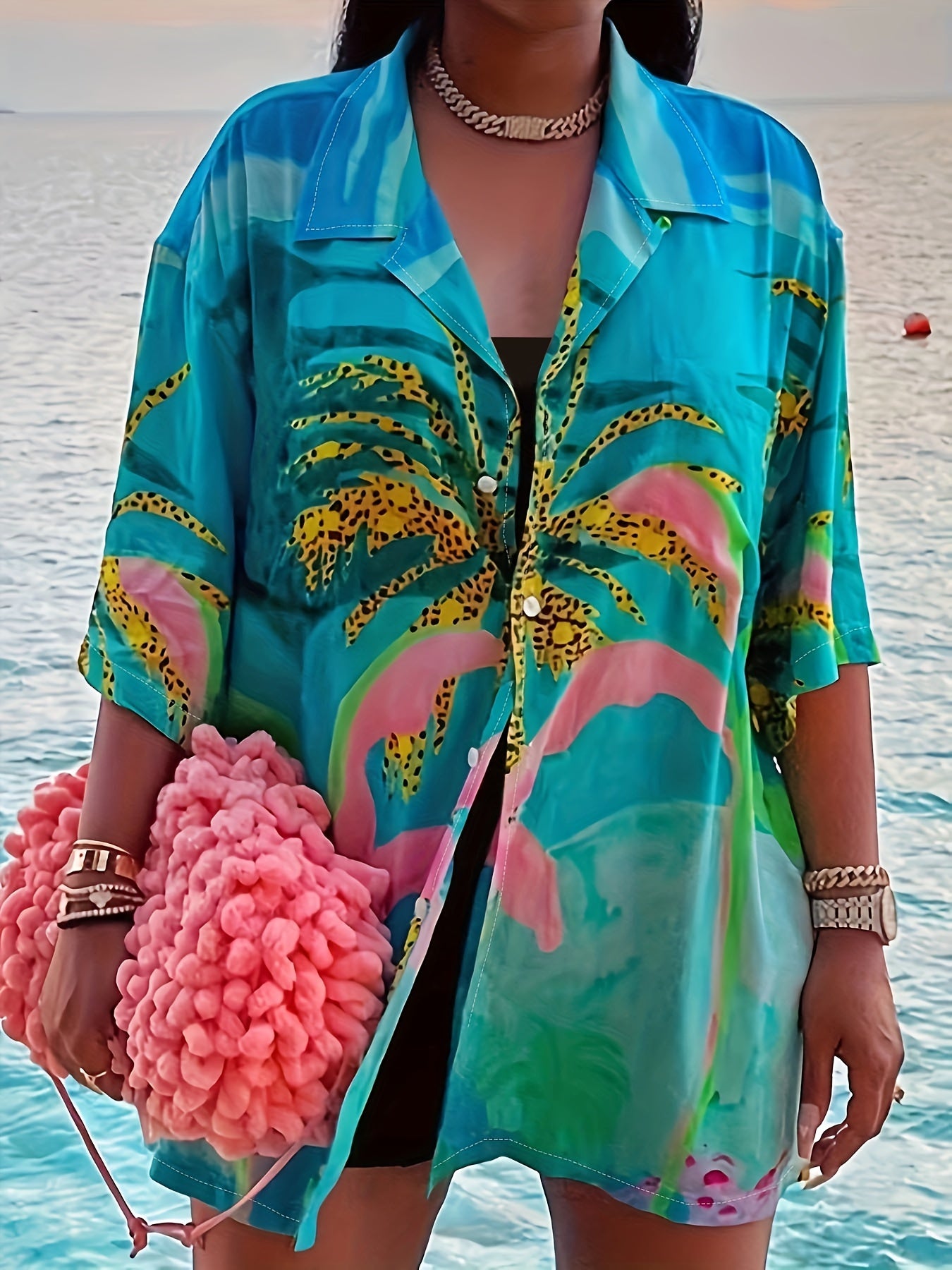  Vacay Blouse Women's Plus Random Print Button Up Half Sleeve