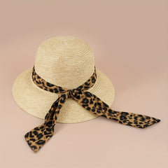 Leopard Ribbon Bowknot Sun Hat Wide Brim UV Protection Straw Hat