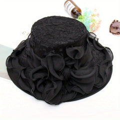 Ruffles Wide Brim Sun Hat Solid Organza Lace Bowknot Derby Hat